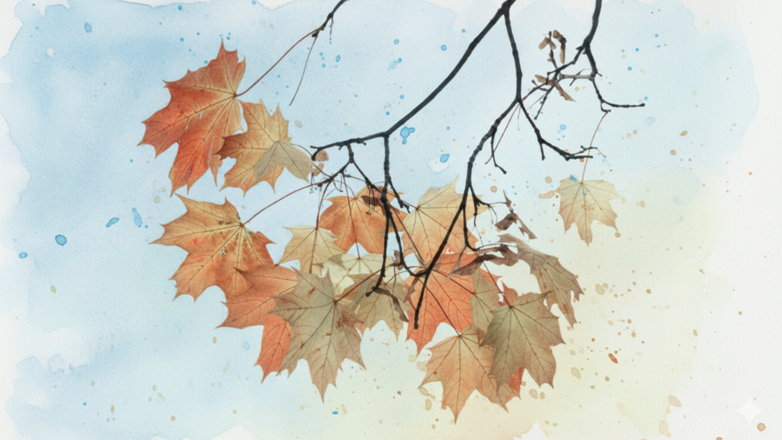 Watercolour image of autumn leaves hanging from some branches against a blue sky