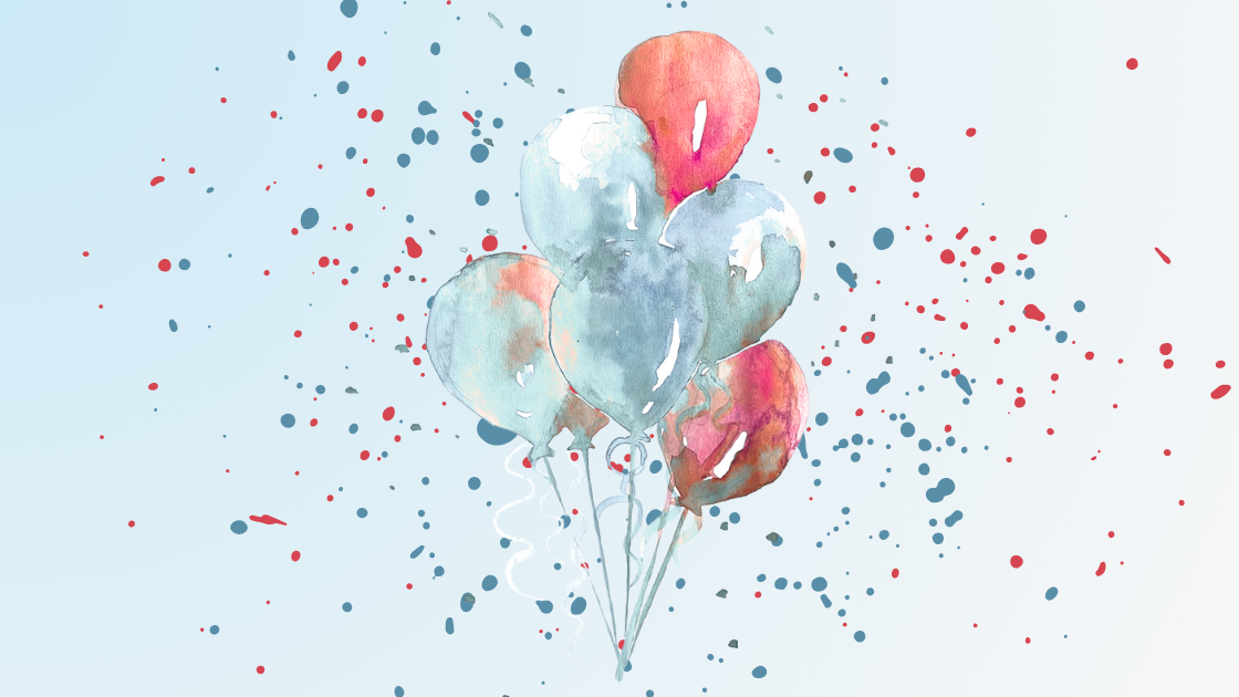 Watercolour image of a bunch of colourful balloons against a confetti background