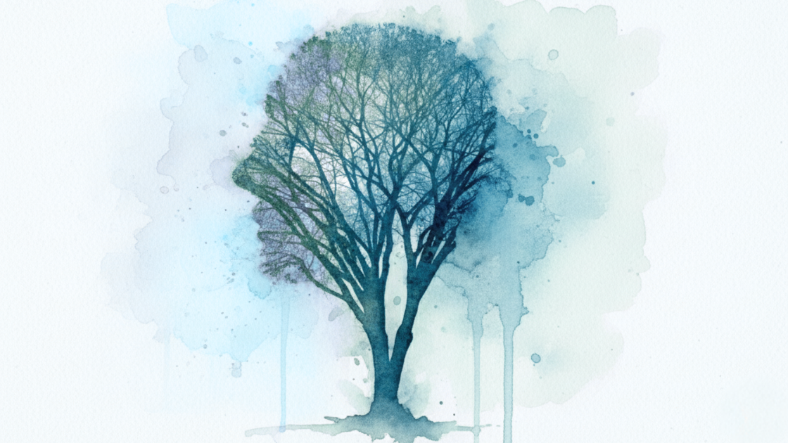 Watercolour image of a tree shaped like a profile silhouette of a human head