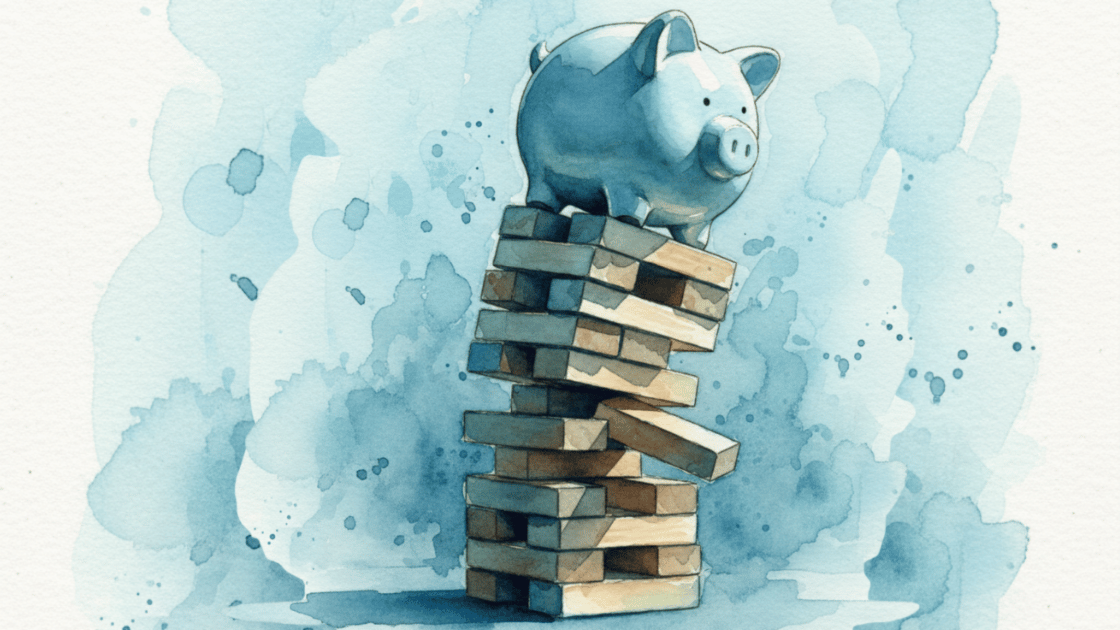 Watercolour render of a piggy bank tilting precariously on the top of a wobbly stack of wooden blocks