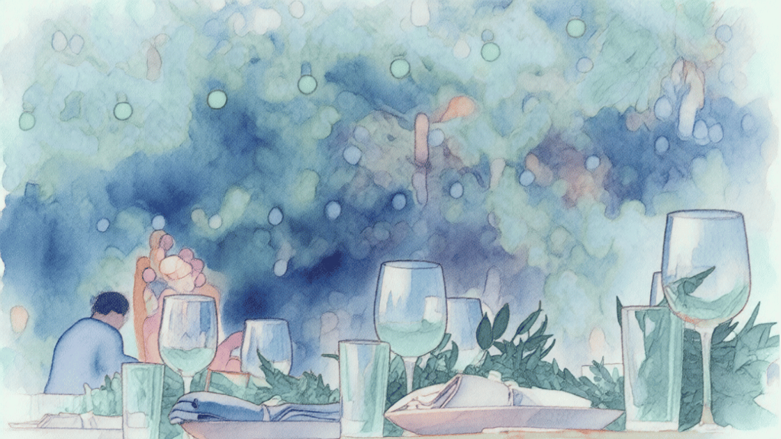 Watercolour image of the side view of an dinner table set for a fancy meal and positioned outside under twinkling lights