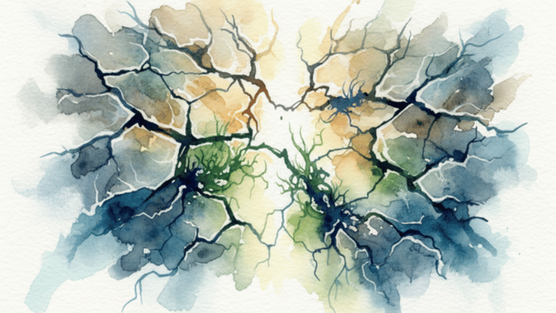 Abstract watercolour image of cracks in the ground from which light is emerging
