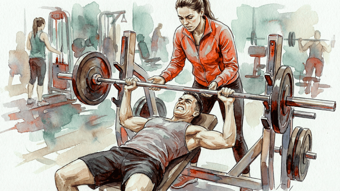 Watercolour image of a man lifting a weight on a bench press in the gym with a female personal trainer spotting him