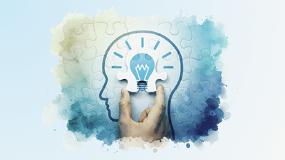 Watercolour image of a line-drawn head with a light bulb "brain"