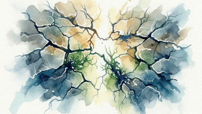 Abstract watercolour image of cracks in the ground from which light is emerging
