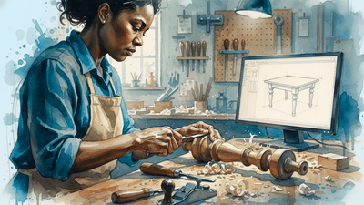 Female carpenter working on a piece of furniture in her workshop