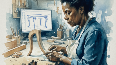 Eine dunkelhäutige Frau, die in einer Tischlerwerkstatt ein Holzbein für einen neuen Holztisch bearbeitet 