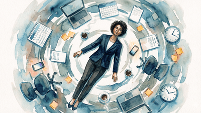 High-angle watercolour illustration of a woman in smart business attire standing calmly in the centre of a spiral vortex of office objects.