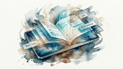 Watercolour image of an open digital handbook depicted as a conceptual operating system for an organisation.