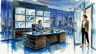 A man sitting at a desk in a large office with a wall of screens behind him and a woman walking in.